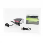 Фонарь передний 1 диод+звонок 4 мелодии, Li-ion 3.7V 1200mAh зарядка от USB, влагозащитный, чёрно-красный FY-058/7588,