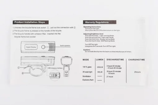 Фонарь передний 1 диод 250 lumen алюминиевый, Li-ion 3.7V 1500mAh зарядка от USB, ДАТЧИК СВЕТА, влагозащитный, чёрный EOS220,