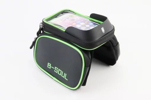 Сумка-штаны на раму с держателем телефона 170х90мм, боковые отделения, крепл. на липучке, влагозащитная, чёрно-зелёная TTB210,