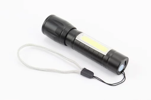 Фонарь 1 LED+COB 300 lumen ручной, алюминиевый, Li-ion 3.7V 450mAh зарядка от USB, влагозащитный, в пластиковом боксе, чёрный,