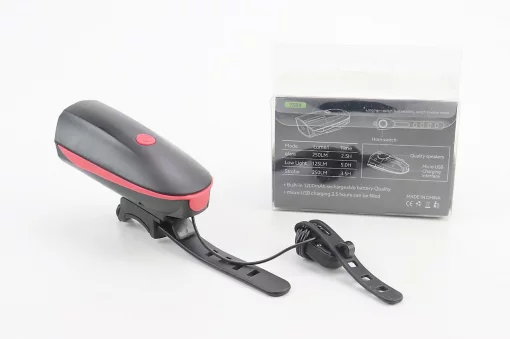 Фонарь передний 1 диод+звонок 4 мелодии, Li-ion 3.7V 1200mAh зарядка от USB, влагозащитный, чёрно-красный FY-058/7588,