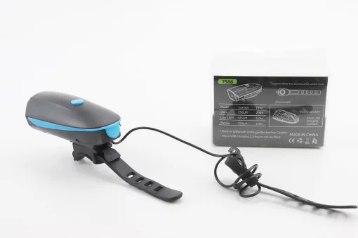 Фонарь передний 1 диод+звонок 4 мелодии, Li-ion 3.7V 1200mAh зарядка от USB, влагозащитный, чёрно-синий FY-058/7588,