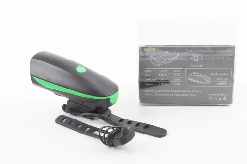 Фонарь передний 1 диод+звонок 4 мелодии, Li-ion 3.7V 1200mAh зарядка от USB, влагозащитный, чёрно-зелёный FY-058/7588,