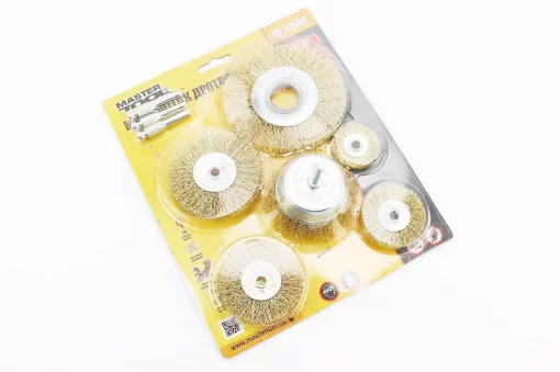 Набор щёток 6шт-торц./диск. со стержнем 1/4" D-75//40/50/63/75/100мм из латунированной рифлёной проволоки (19-9600), Витратні