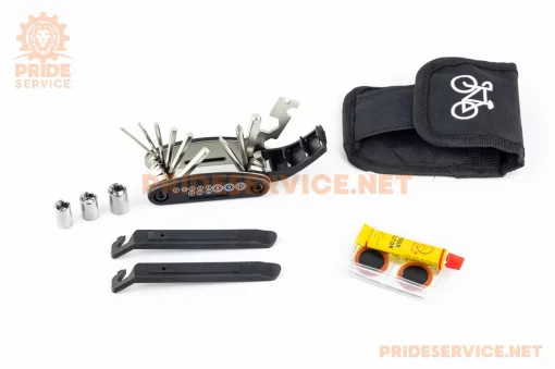 Набор инструмента в сумочке (ключ-набор 15 предметов, лопатки бортировочные, к-кт для ремонта колес с клеем), KL-9809,
