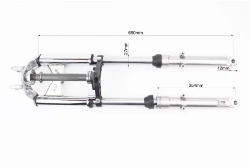 Вилка передня (перо) ліве, праве к-кт 2шт, L-660мм; d-27мм+траверс+кріплення фари тип 2, ALPHA, YQ-319302