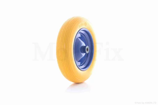 Колесо для тачки у зборі 3.25-8 (поліуретанове, жовте, синій диск, підшипник 6202 &Oslash;16), QT-034668