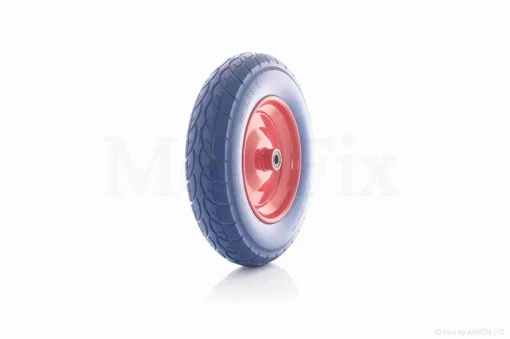 Колесо для тачки у зборі 3.50-8 (поліуретанове, синє, червоний диск, підшипник 6202 &Oslash;16), QT-034671