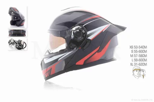 Шлем трансформер "IBK" (#965A габарит 3 режима, черно-красный, XL, очки), QT-036124