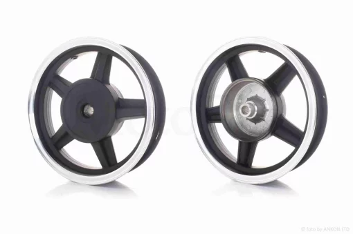 Диск колеса задній 12"-2.75 литий, 19 шліців, 5 спиці, барабан 130mm чорно-сірий, QT-036389