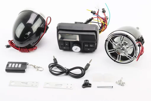 АУДИО-блок с ЖК дисплеем (МРЗ-USB/SD, FM, пультДУ, сигнализация) + колонки 2шт (хром.), FIX-301416