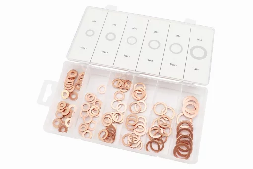 Набор шайб медных (6х14х1, 8х14х1, 10х16х1, 12х18х1, 14х20х1, 16х24х1) 6 видов, 110шт, FIX-204521