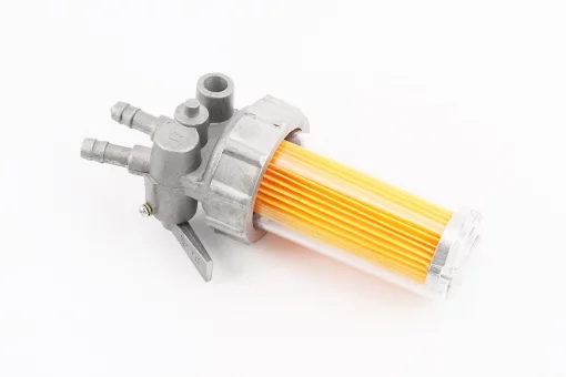 Паливний кран + фільтр в пластмасовому, прозорому корпусі (вхід/вихід вгору), FIX-207846