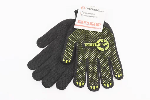 Перчатки рабочие 60% хлопок/40% полиэстер 10", класс вязки 7, черный, с платировкою, желтая ПВХ точка SP-0125, FIX-703214