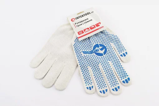 Перчатки рабочие 70% хлопок/30% полиэстер 10", класс вязки 10, белый, синяя ПВХ точка SP-0130, FIX-703217