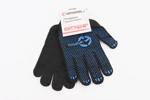 Перчатки рабочие 70% хлопок/30% полиэстер 10", класс вязки 10, черный, синяя ПВХ точка SP-0129, FIX-703218