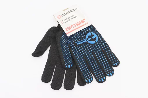 Рукавиці робочі 100% поліестер 10", клас в'язки 7, чорний, синя ПВХ точка SP-0104, FIX-703221