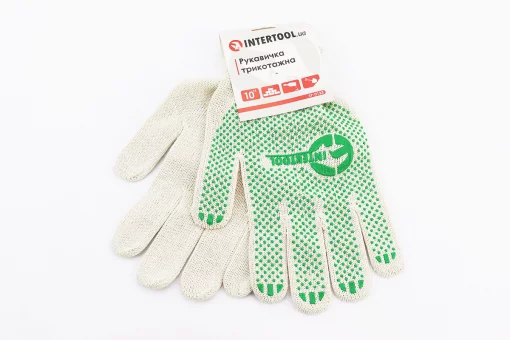 Перчатки рабочие 70% хлопок/30% полиэстер 10", класс вязки 10, белый, зеленая ПВХ точка SP-0133, FIX-703224