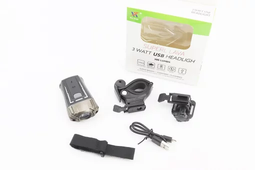 Фонарь передний 1 диод 300 lumen, Li-ion 3.7V 1200mAh зарядка от USB, влагозащитный, чёрно-серый HJ-049 (возможна повреждена