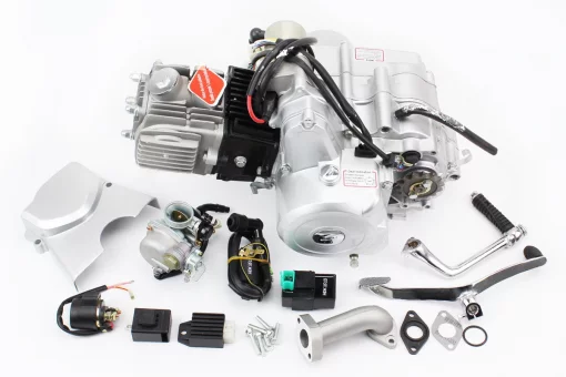 Двигатель мопедный в сборе 110куб (Delta) - "механика" + карбюратор, коммутатор, катушка, реле: поворотов, стартера, напряжения,