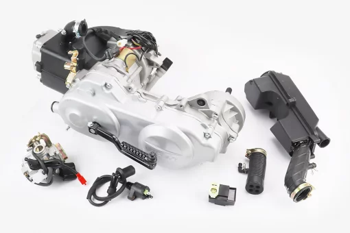 Двигатель скутерный в сборе 4Т-80куб (короткий вариатор, длинный вал) + карбюратор, коммутатор, катушка зажигания, фильтр