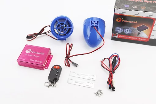 АУДИО-блок (МРЗ-USB/SD, FM-радио, пультДУ, сигнализация) + колонки 2шт (синие), FIX-337602