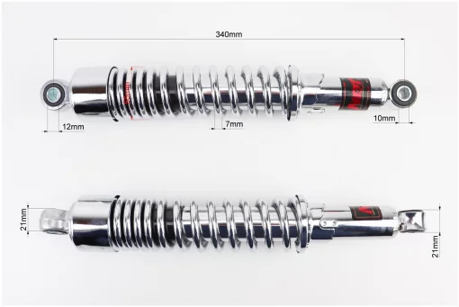 Амортизатор задний JH/CB/CG - 340мм*d55мм (втулка 12мм / втулка 10мм) регулир., хром. к-кт 2шт, FIX-351151