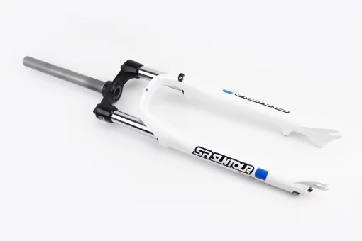 Вилка 27,5" амортизационная, без резьбы 1-1/8" (28,6мм), шток 255мм, с ходом 80мм, Disk-brake, Preload, алюминиевая, белая XCE 28,