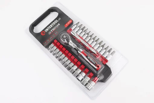 Набір головок торцевих з тріскачкою (вигн. ручка) 1/4" CrV 72 зуба + подов. 1/4" 100мм 26шт (4/4,5/5/5,5/6/7/8/9/10/11/12/13/14мм