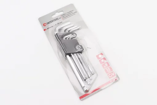 Набор Г-образных ключей удлиненных с шарообразным наконечником HEX (1,5/2/2,5/3/4/5/6/8/10мм) CrV HT-0603, FIX-702195