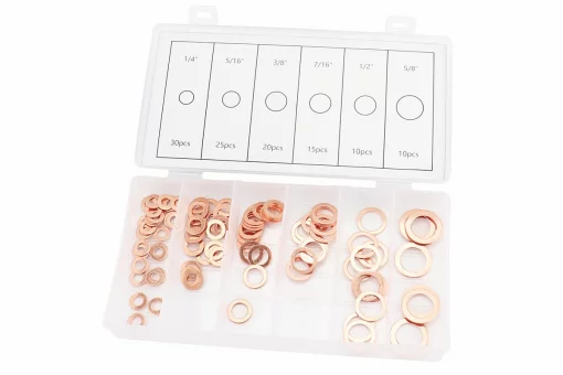 Набор шайб медных (6х10х1, 8х14х1, 10х16х1, 12х16х1,5, 14х20х2, 16х22х1,5) 6 видов, 110шт, FIX-999752