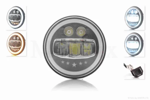 Фара мото діодна, кругла, D177, H4, 2 габарити (білий/жовтий) #C55-3S1, QT-037092