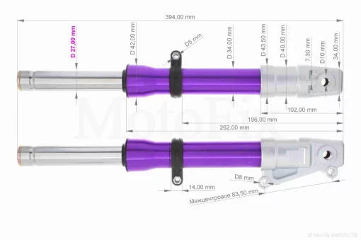 Амортизаторы передние (перья) DIO ZX диск, гидравлика, шток d27 "LIPAI" (пурпурные), QT-003656