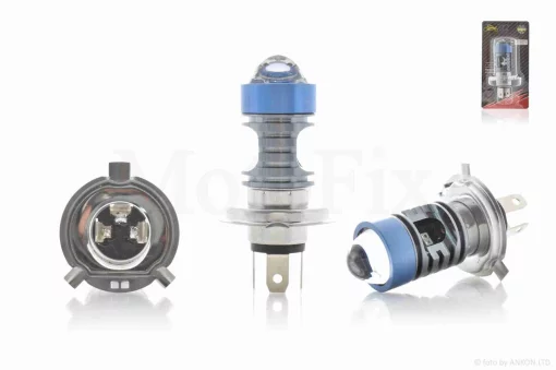 Лампа фары диодная H4 12-85V, 12W белый/желтый, линза, габарит красный/синий, D27 "LIPAI", QT-035654