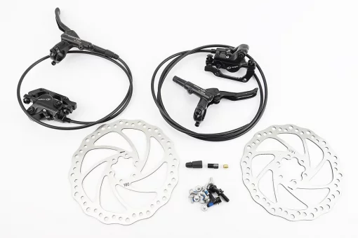 Гальмо Disk-brake гідравлічне переднє (F180/R160мм)+заднє (F180/R160мм) у зборі, диски 160/180мм, кріпл. 6 болтів, чорні,