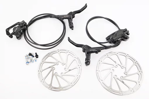 Гальмо Disk-brake гідравлічне переднє (F160/R140мм)+заднє (F180/R160мм) у зборі, диски 160мм, кріпл. 6 болтів, чорні, FIX-210414