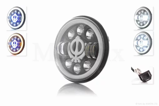 Фара мото діодна, кругла, D166, H4, 2 габарити (білий/жовтий + синій) #C66-7S1, QT-037093