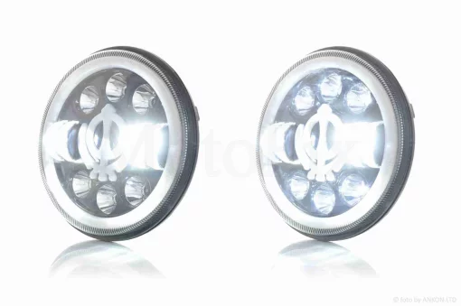 Фара мото діодна, кругла, D166, H4, 2 габарити (білий/жовтий + синій) #C66-7S1, QT-037093