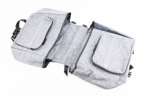 Сумка-штаны на багажник, с влагозащитными 4 отделениями, крепл. на липучке, светоотражающие полосы, серая, FIX-210510