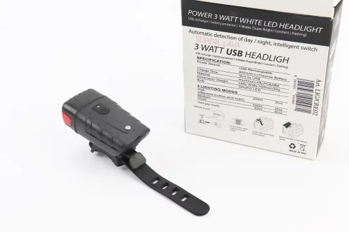 Фонарь передний 1 диод 200 lumen, Li-ion 3.7V 800mAh зарядка от USB, ДАТЧИК СВЕТА, влагозащитный, чёрный PNK, ВЕЛОАКСЕСУАРИ,