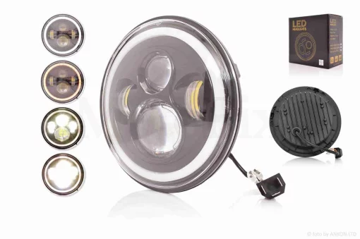 Фара мото діодна, кругла, D177, H4, 4 діоди, 2 габарити (білий/жовтий), QT-004752