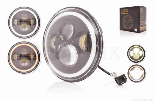 Фара мото діодна, кругла, D177, H4, 4 діоди, 2 габарити (білий/жовтий), QT-004752