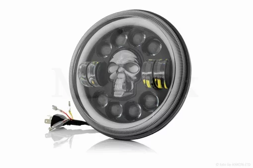 Фара мото діодна, кругла, D175, 12 діодів, 2 габарити (білий/жовтий), череп з підсвічуванням, QT-005931