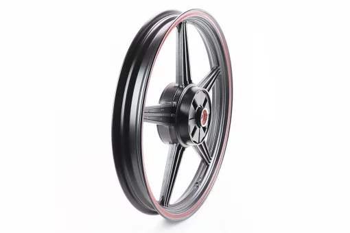 Диск колесный задний литой 18Х1,85 (под резинки) "звезда" ЧЕРНЫЙ с красной полосой (ось 15мм), FIX-321759