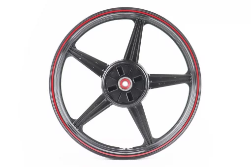 Диск колесный задний литой 18Х1,85 (под резинки) "звезда" ЧЕРНЫЙ с красной полосой (ось 15мм), FIX-321759