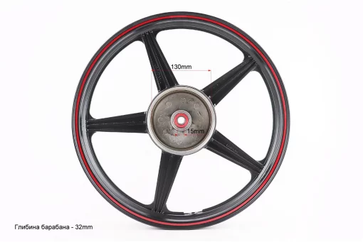 Диск колесный задний литой 18Х1,85 (под резинки) "звезда" ЧЕРНЫЙ с красной полосой (ось 15мм), FIX-321759