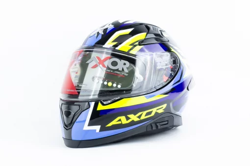 Шлем интеграл с пинлоком (стандарт DOT/ECE), выдвижные очки APEX STREAK L (59-60см), чёрно-сине-салатовый, ШОЛОМИ, YQ-360623