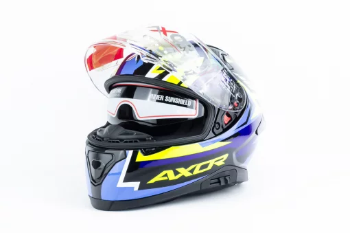 Шлем интеграл с пинлоком (стандарт DOT/ECE), выдвижные очки APEX STREAK L (59-60см), чёрно-сине-салатовый, ШОЛОМИ, YQ-360623