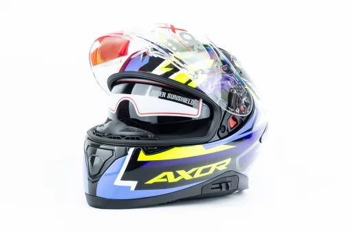 Шлем интеграл с пинлоком (стандарт DOT/ECE), выдвижные очки APEX STREAK S (55-56см), чёрно-сине-салатовый, ШОЛОМИ, YQ-360619