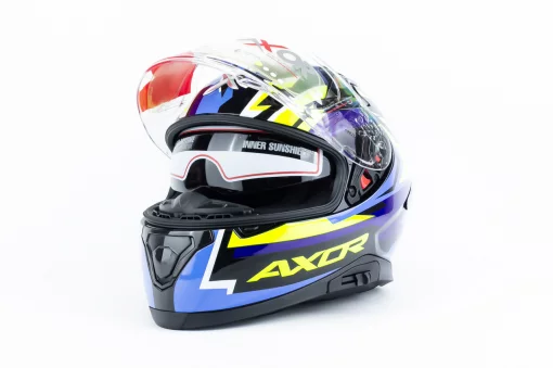 Шлем интеграл с пинлоком (стандарт DOT/ECE), выдвижные очки APEX STREAK М (57-58см), чёрно-сине-салатовый, ШОЛОМИ, YQ-360621